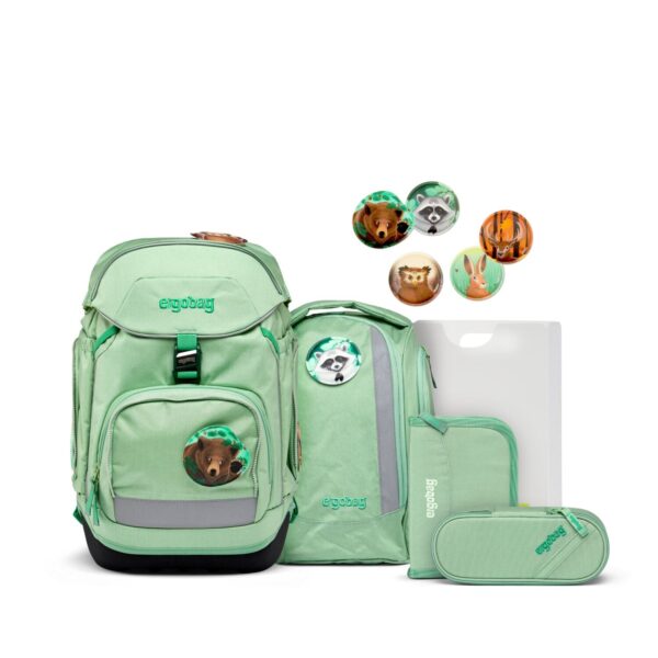 6-teiliges Schulranzen-Set Ergobag PACK WaldBärwohner in mintgrün mit Bärenmotiv, bestehend aus Rucksack, Sporttasche, Trinkflasche und Mäppchen