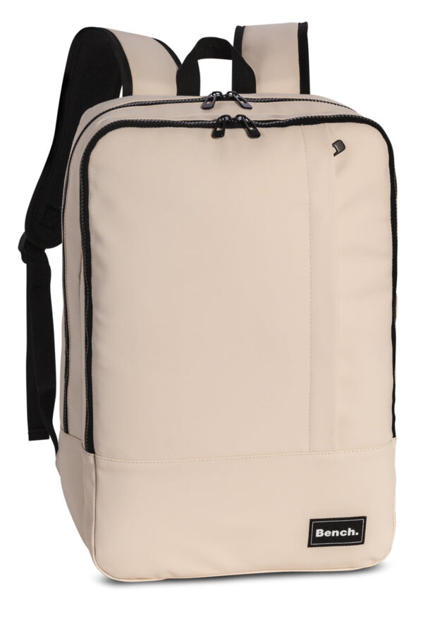 Moderner Hydro Cube-Rucksack in neutralem Beige mit zwei Reißverschlusstaschen, verstellbaren gepolsterten Schultergurten und wasserabweisender Konstruktion, ideal für Stadt und Outdoor-Aktivitäten.