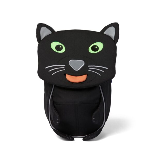 Kinderrucksack Black Panther für Kinder von 1 bis 3 Jahren, gestaltet in Form eines Katzenkopfes mit großen grünen Augen, einem einladenden Lächeln und spitzen Ohren.