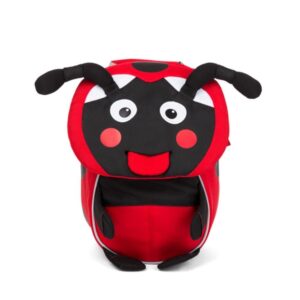 Kinderrucksack im Marienkäfer-Design für Kinder von 1 bis 3 Jahren, rot mit lächelndem Gesicht und praktischen Eigenschaften.