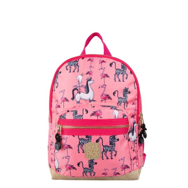 Kinderrucksack S Royal Princess in leuchtendem Pink mit verspieltem Muster von weißen Pferden und rosa Flamingos, geeignet für Kinder im Kindergarten.