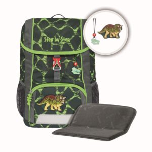 Farbenfroher Kinderrucksack KID Dino Tres mit Dinosaurier-Motiv in Grün und Braun, ideal für Kindergarten und Freizeitaktivitäten.