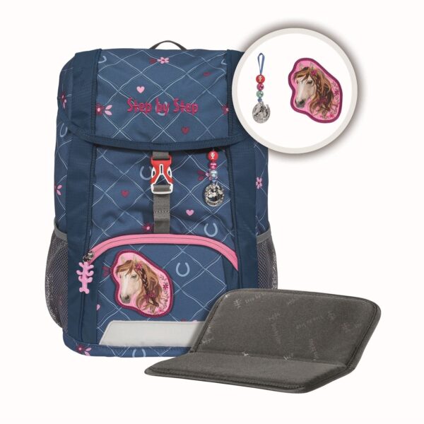 Kinderrucksack KID Horse Lima in dunklem Blau mit Pferdekopf-Applikation, strukturiertem Design und reflektierenden Elementen für optimale Sichtbarkeit, ideal für Kinder im Vorschulalter.