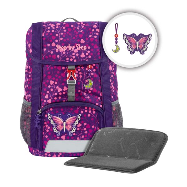 Bunter Kinderrucksack KID SHINE Butterfly Night Ina mit Schmetterlingsmotiv, geeignet für Kindergarten und Freizeit mit ergonomischem Design, reflektierenden Elementen und praktischem Zubehör.
