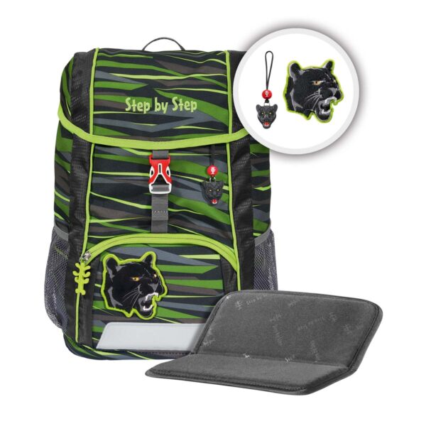 Kinderrucksack KID Wild Cat Chiko für Kinder mit grünem Tarnmuster, reflektierenden Elementen und Panther-Motiv, ideal für Abenteuer und Freizeit.
