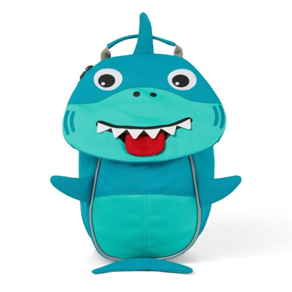 Bunter Kinderrucksack in Hai-Design für Kleinkinder, geeignet für Kindergarten mit verstellbaren Trägern und Sicherheitsreflektoren.