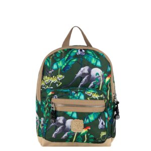 Bunter Kinderrucksack mit Dschungelmotiven, inklusive Elefanten und Tiger, ideal für den Kindergarten.