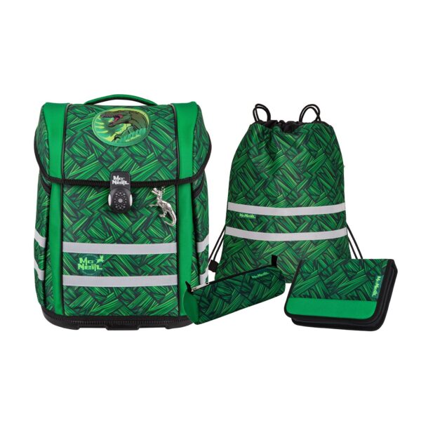 5-teiliges Schulranzen-Set in lebhaftem grün mit Rucksack, Sportbeutel, Federmäppchen und Stiftschachtel. Optimale Funktionalität und ansprechendes Design für Kinder.