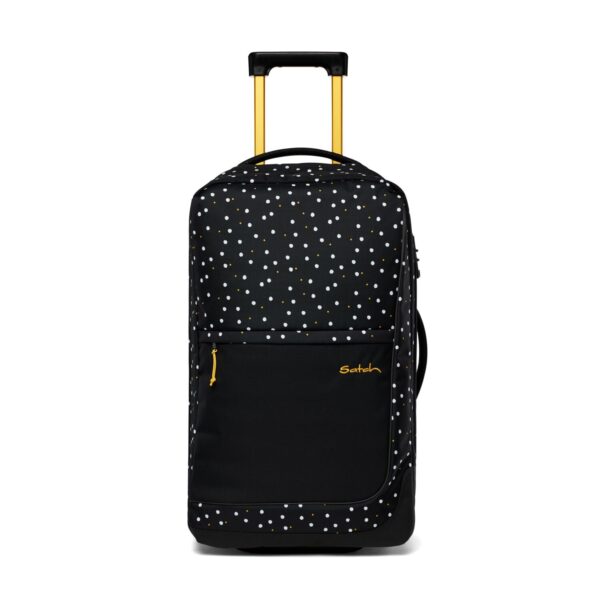 Satch Trolley Flow M Lazy Daisy - schwarzer Rollkoffer mit bunten Punkten, ergonomischem Teleskopgriff und aufgesetzter Tasche für Kinderreisen.