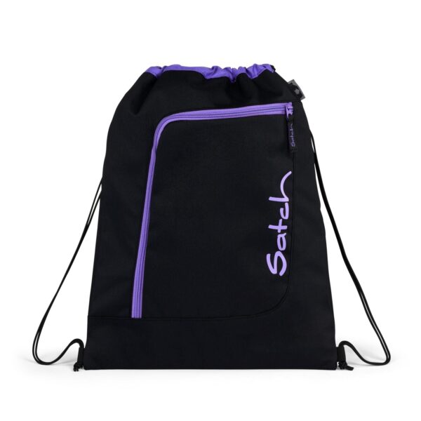 Stylischer Sportbeutel in Schwarz mit lila Kordelzug und Reißverschlusstasche, ideal für Sport und Freizeit.
