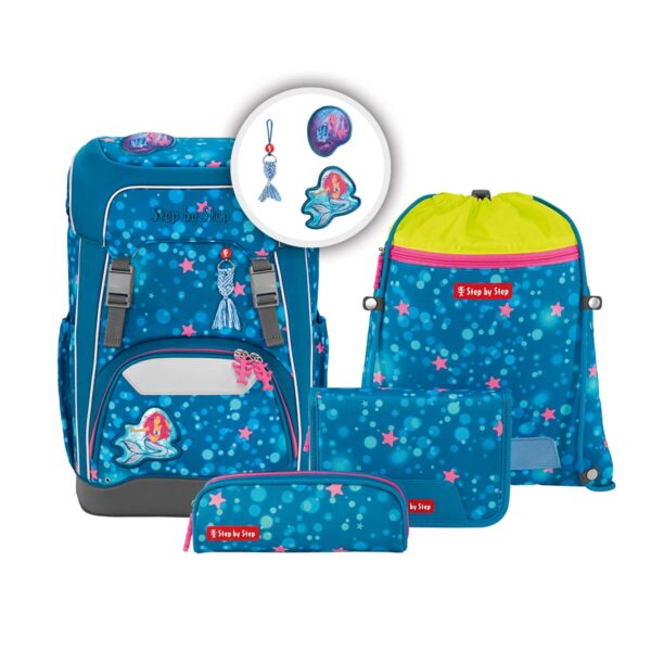 Fünfteiliges Schulranzen Set GIANT Mermaid Lola mit blauem Ranzen, bunten Applikationen, turnbeutel und federmäppchen für Kinder.