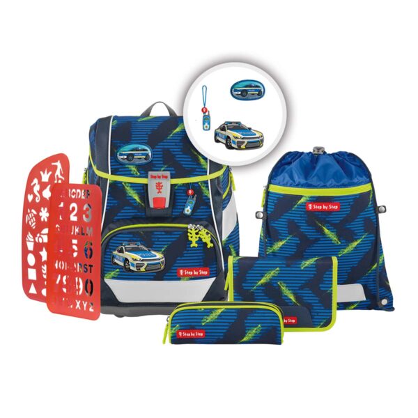 Schulranzen-Set 2IN1 PLUS Police Car Cody in Blau mit sportlichem Autodesign und verschiedenen Zubehörteilen für Schulanfänger.