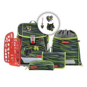 Schulranzen-Set 2IN1 PLUS Wild Cat Chiko, bestehend aus Rucksack, Sporttasche, Brotbox und Trinkflasche in stylischem Tierdesign. Perfekt für Grundschulkinder.