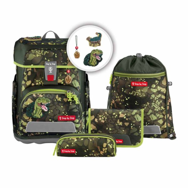 Schulranzen-Set CLOUD Dino Torex in grünem Camouflage-Design mit Dinosaurier-Illustrationen und Zubehör für Kinder, geeignet für Grundschüler.