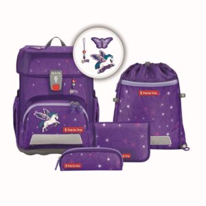Farbenfrohes Schulranzen-Set CLOUD Dreamy Pegasus Shadow, bestehend aus einem lila Rucksack mit Einhorn-Motiv und mehreren Zubehörteilen in violett, ideal für Grundschüler.