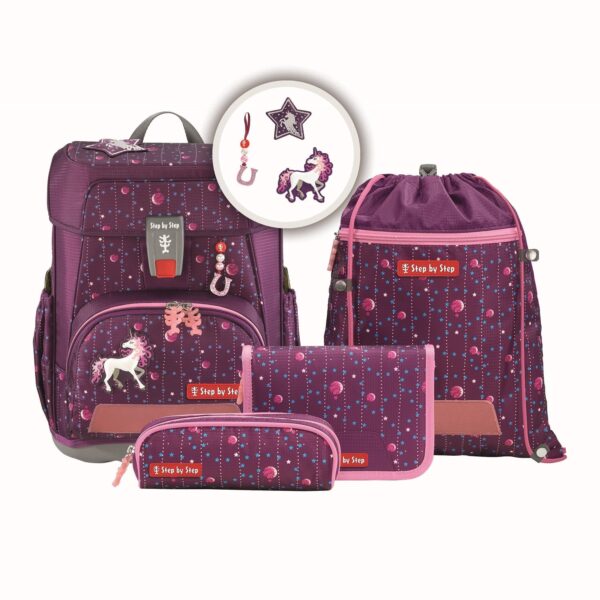 CLOUD Dreamy Unicorn Nuala Schulranzen-Set in lila mit Einhornmotiven für Grundschulkinder, bestehend aus Ranzen, Mäppchen, Sporttasche und Abdeckschutztuch.