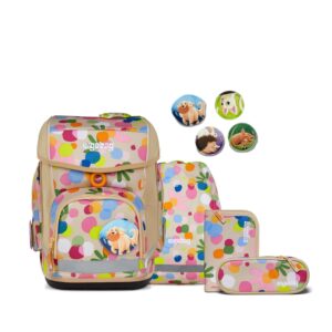 Buntes Schulranzen-Set CUBO Flower PowBär für Kinder mit ergonomischem Design, bestehend aus einem Rucksack, einer schmalen Tasche und einem Etui, verziert mit einem fröhlichen Punktemuster und Tiermotiven.