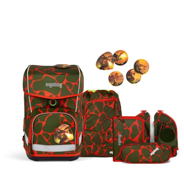 Schulranzen-Set Cubo Light FeuerspeiBär - 6-teiliges Set mit Rucksack, Sporttasche und Zubehör in olivgrün und orange für Kinder der 1. bis 4. Klasse.