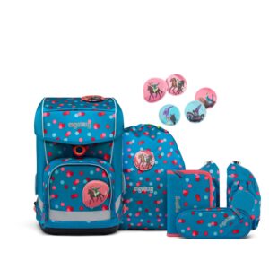 Schulranzen-Set Cubo Light VoltiBär in lebhaftem Blau mit bunten Punkten, inklusive Rucksack, Federmappe und kleinem Zubehör, ideal für Kinder der 1. bis 4. Klasse.
