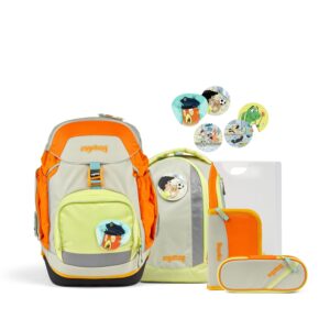 Farbenfrohes Schulranzen-Set Ergobag PACK StadtBärwohner, bestehend aus einem großen Rucksack, einem kleinen Rucksack, Aufnähern und Etuis, ideal für Kinder in der Grundschule.