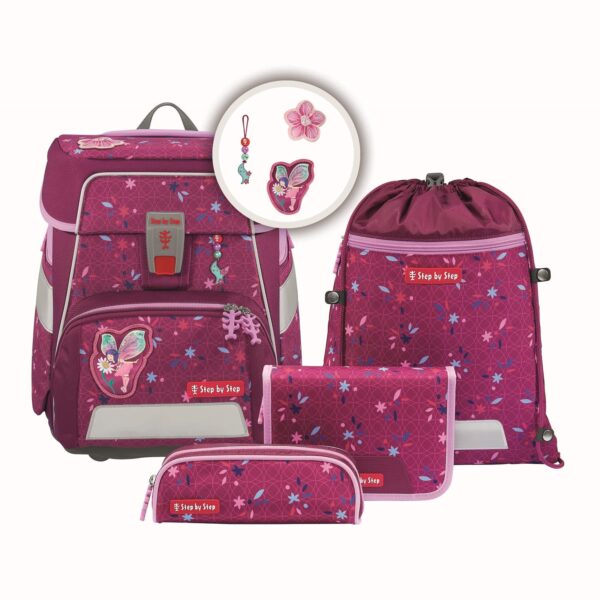 Farbenfrohes Schulranzen-Set SPACE Fairy Freya mit Rucksack, Sporttasche, Federmäppchen und Geldbörse in magentafarbenem Design, ideal für Schulkinder.