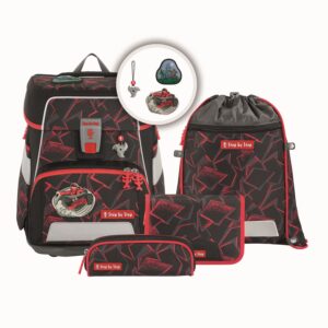 Schulranzen-Set SPACE Ninja Yuma 5-teilig mit Ranzen, Sporttasche, Mäppchen und Geldbörse in schwarz mit roten und grauen geometrischen Mustern, ideal für Grundschüler.