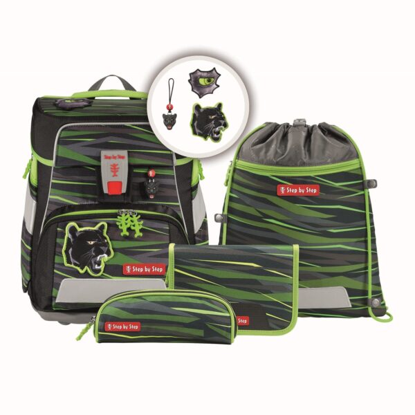 5-teiliges Schulranzen-Set SPACE Wild Cat Chiko in Schwarz mit grünen Akzenten und reflektierenden Elementen, inklusive Ranzen, Beutel und Etui