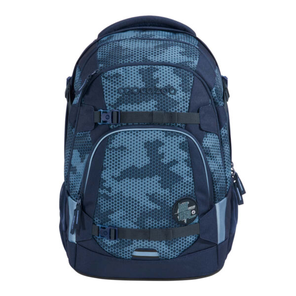Schulrucksack MATE Geometric Sky in modernen Blau- und Grautönen mit hexagonalem Muster, ideal für Schule und Freizeit.