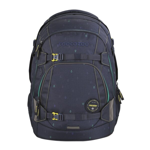 Coocazoo Schulrucksack MATE Happy Raindrops in dunklem Blau mit bunten Tropfenmustern, ergonomisch gestaltet für Schüler ab der 5. Klasse.