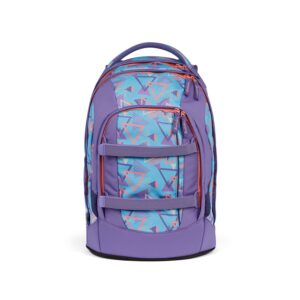 Trendiger Schulrucksack PACK 80s Dance in lila mit geometrischen Mustern in Türkis und Blau, ideal für Schüler:innen.