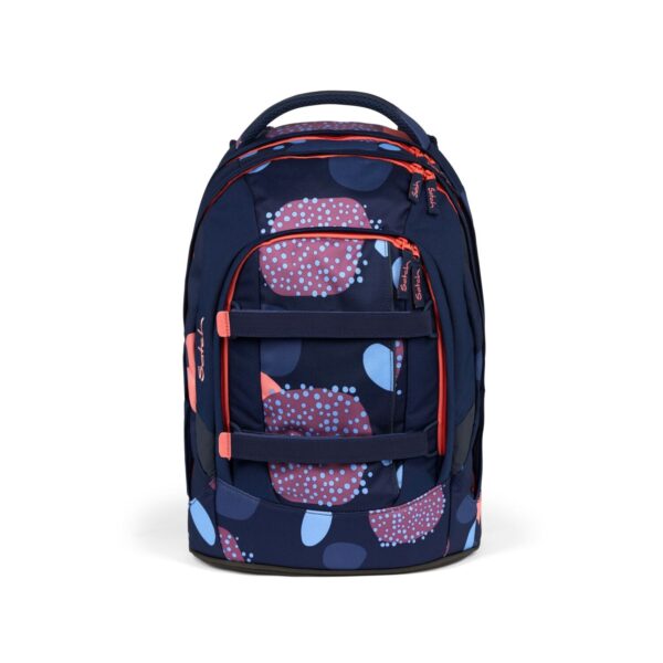 Schulrucksack PACK Coral Reef in Marineblau mit buntem geometrischem Design und reflektierenden Elementen, ideal für Schule und Freizeit.