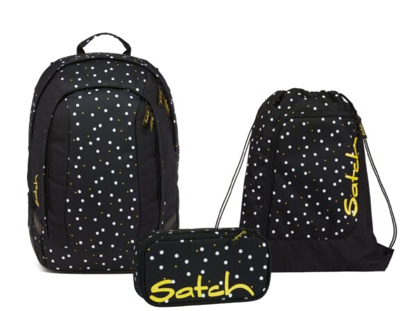 Drei-teiliges Schulrucksack-Set AIR Lazy Daisy mit Rucksack, Sportbeutel und Federmäppchen in schwarz-weißer Farbgebung mit bunten Punkten, ideal für Schüler.