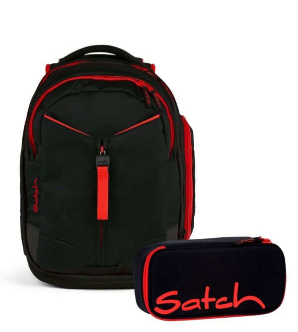 Schulrucksack-Set MATCH Fire Phantom in modernem Design mit schwarzem Rucksack und roten Akzenten, inklusive passendem Etui für Schreibwaren, ideal für Schüler.