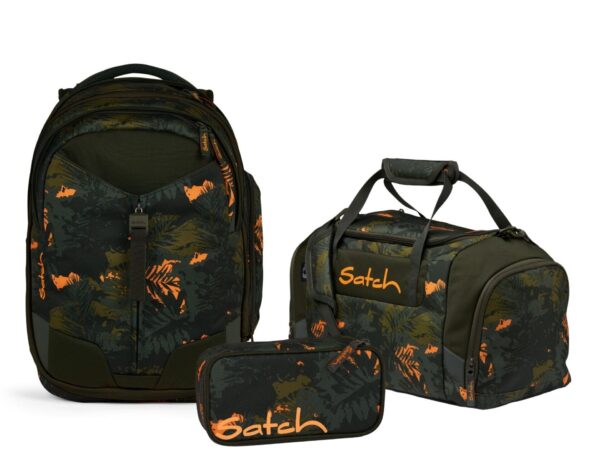 Schulrucksack-Set MATCH Jurassic Jungle 3-teilig mit Rucksack, Sporttasche und Federmäppchen im tropischen Design für Schüler.