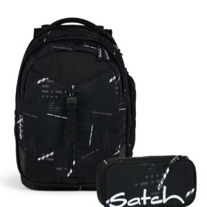 Moderne Schulrucksack-Set MATCH Ninja Matrix 2-teilig in schwarz mit grafischem Design, gepolsterten Schulterriemen und passendem Etui für Schulutensilien.