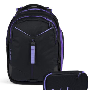Schulrucksack-Set MATCH Purple Phantom in Schwarz mit lila Akzenten, ergonomisches Design mit mehreren Fächern und gepolsterten Tragegurten, ideal für Schule und Freizeit.