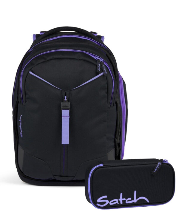 Schulrucksack-Set MATCH Purple Phantom in Schwarz mit lila Akzenten, ergonomisches Design mit mehreren Fächern und gepolsterten Tragegurten, ideal für Schule und Freizeit.
