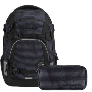 Schulrucksack-Set MATE Dark Mission in Schwarz mit dynamischem Streifenmuster, bestehend aus Rucksack und passender Federtasche, ideal für Schüler ab der 5. Klasse.