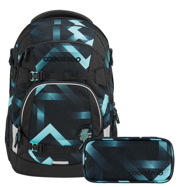 Schulrucksack-Set MATE Laser Lights in Schwarz mit geometrischen Mustern in Türkis und Blau, inklusive passendem Etui.