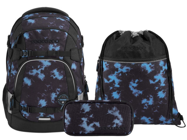 3-teiliges Schulrucksack-Set MATE Midnight Dust in Schwarz mit farbigen Farbklecksen, bestehend aus einem großen Rucksack, einem Turnbeutel und einem Federmäppchen, ideal für Schüler ab der 5. Klasse.