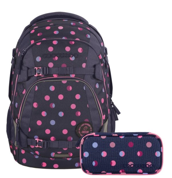 Schulrucksack-Set MATE Reflective Moons in elegantem schwarz mit bunten Punkten in Pink und Blau, inklusive passendem Federetui, ideal für Schüler ab der 5. Klasse.