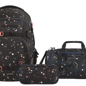 Coocazoo Schulrucksack-Set MATE Sprinkled Candy in Schwarz mit bunten Farbspritzern, bestehend aus Rucksack, Sporttasche und Federmäppchen, ideal für Schüler ab der 5. Klasse.