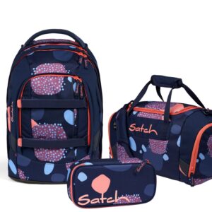 3-teiliges Schulrucksack-Set PACK Coral Reef mit Rucksack, Sporttasche und Federmäppchen in modernen Blau- und Koralltönen und farbigen Mustern, ideal für Kinder.