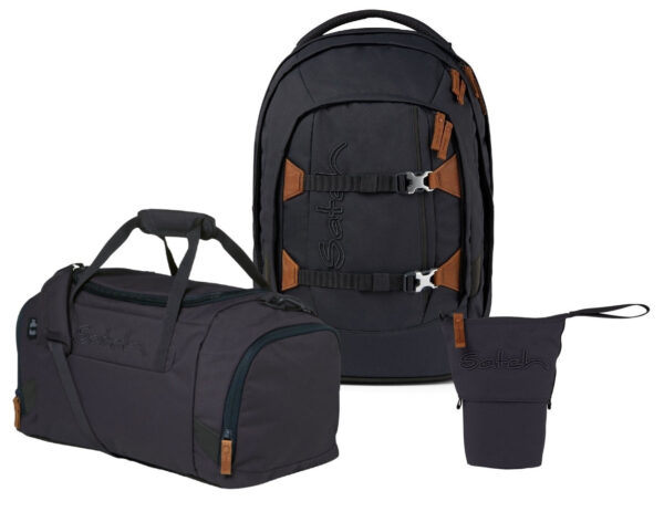 Schulrucksack-Set PACK Nordic Grey 3-teilig, bestehend aus einem großen Rucksack, einer Sporttasche und einer Mini-Tasche in modernen, dunklen Farbtönen.