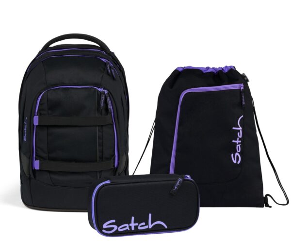 Schulrucksack-Set PACK Purple Phantom 3-teilig mit ergonomischem Design, reflektierenden Elementen und lila Akzenten, bestehend aus Rucksack, Sportbeutel und Federmäppchen.