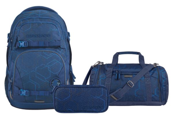 Coocazoo Schulrucksack-Set PORTER Blue Motion in verschiedenen Blautönen, bestehend aus einem Rucksack, einer Sporttasche und einem Federmäppchen, ideal für Schüler ab der 5. Klasse.