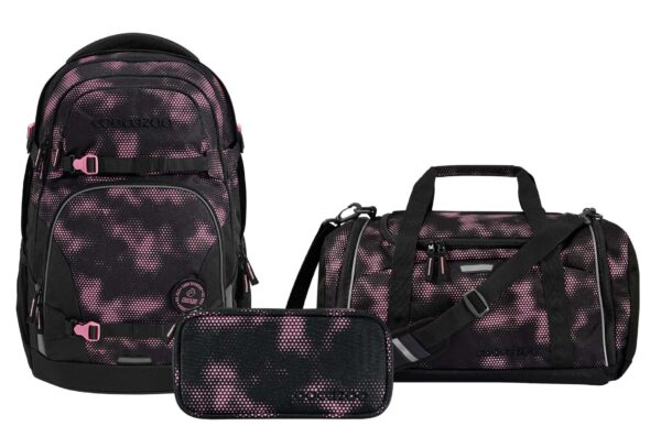 Schulrucksack-Set PORTER in Pink Illusion, bestehend aus einem ergonomischen Rucksack, einer Sporttasche und einem Federmäppchen, ideal für Schüler ab der 5. Klasse.