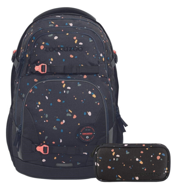 Coocazoo Schulrucksack-Set PORTER Sprinkled Candy in Schwarz mit bunten fleckigen Mustern, inklusive Etui, ideal für Schüler ab der 5. Klasse.