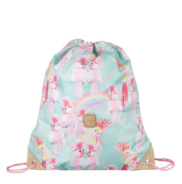 Farbenfroher Sportbeutel mit Unicorn Birds Motiv auf lila Hintergrund, ideal für Kinder zum Tragen von Sport- und Freizeitutensilien.
