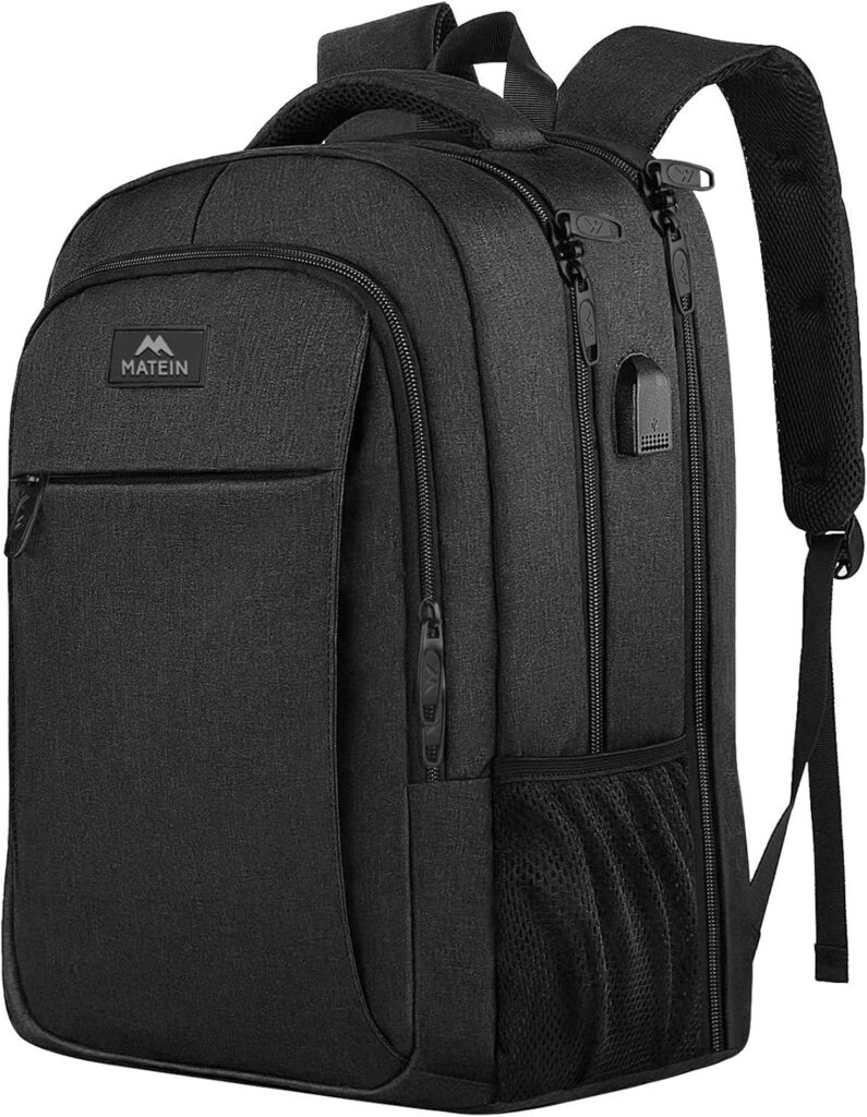 MATEIN großer Laptop Rucksack in mattschwarz mit USB-Ladeanschluss, geeignet für Schule, Arbeit und Reisen, mit ergonomischem Design und Platz für Laptops bis 17,3 Zoll.